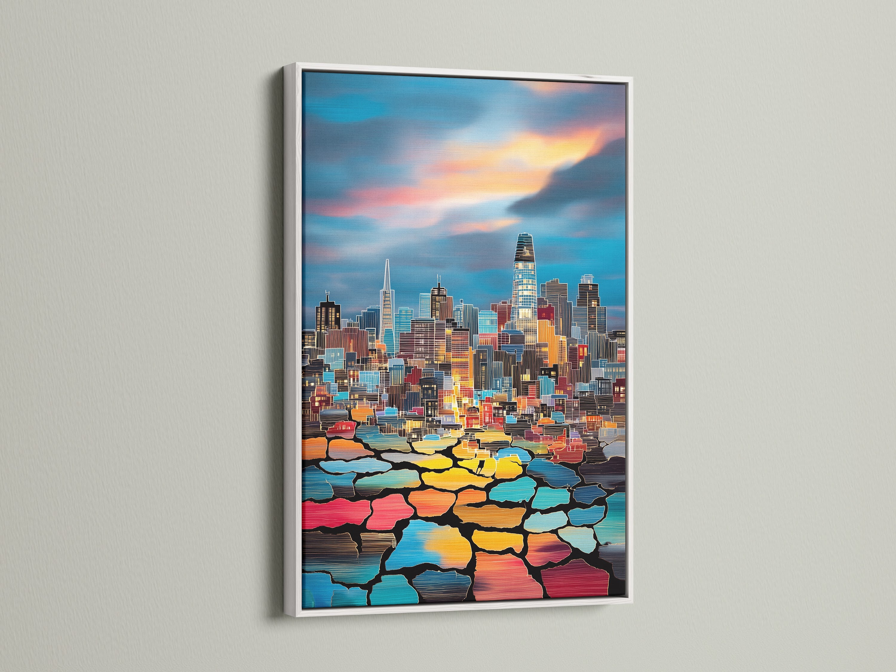 This cityscape artwork is elegantly framed in white. The white frame provides a clean contrast to the colorful art. It's an ideal choice for modern interiors seeking a fresh aesthetic appeal.