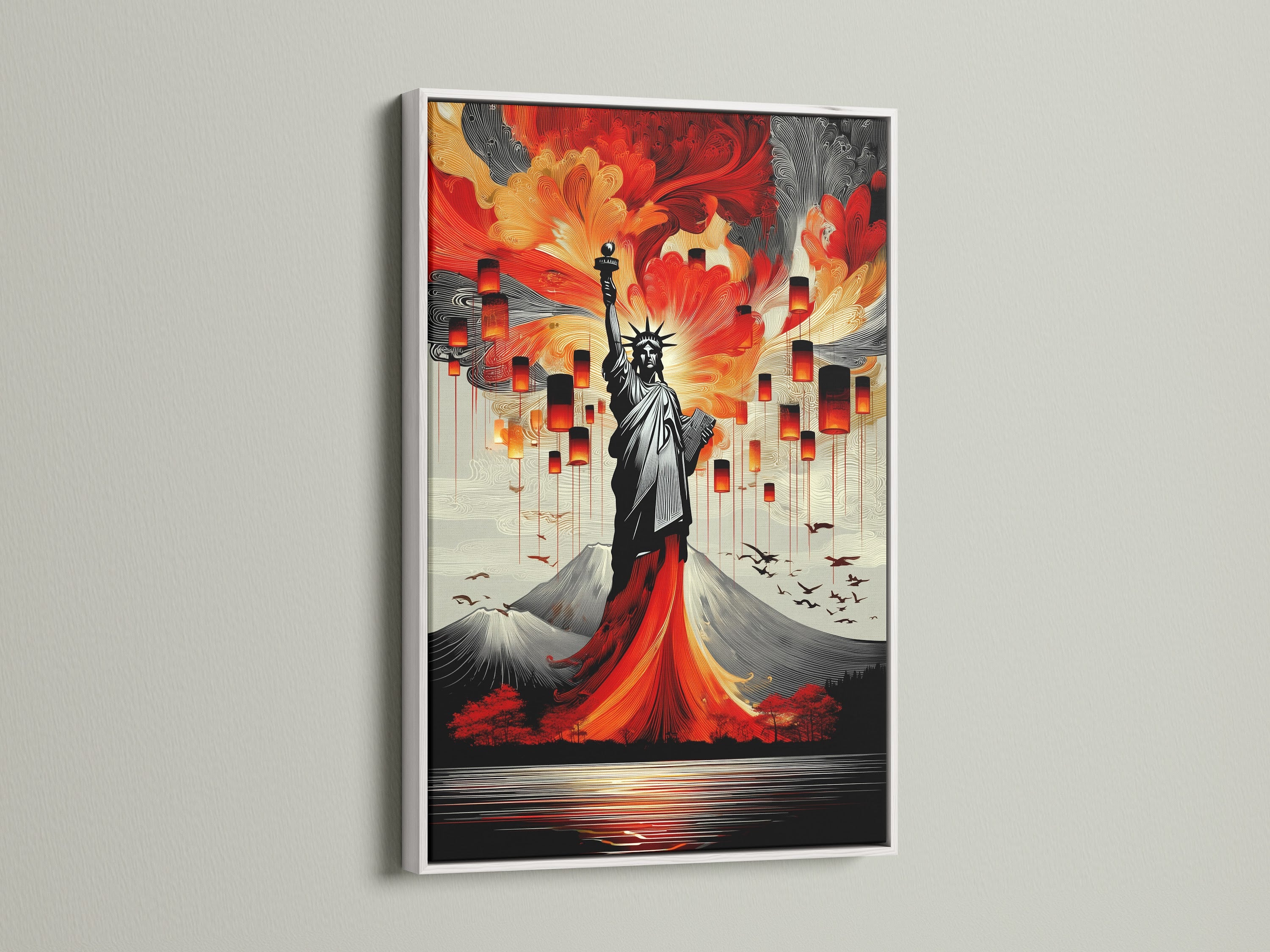 The Statue of Liberty artwork is presented in a white frame. The light frame adds a clean and contemporary look. Ideal for minimalist Scandinavian or eclectic styles. Enhance your space with this modern American artwork.