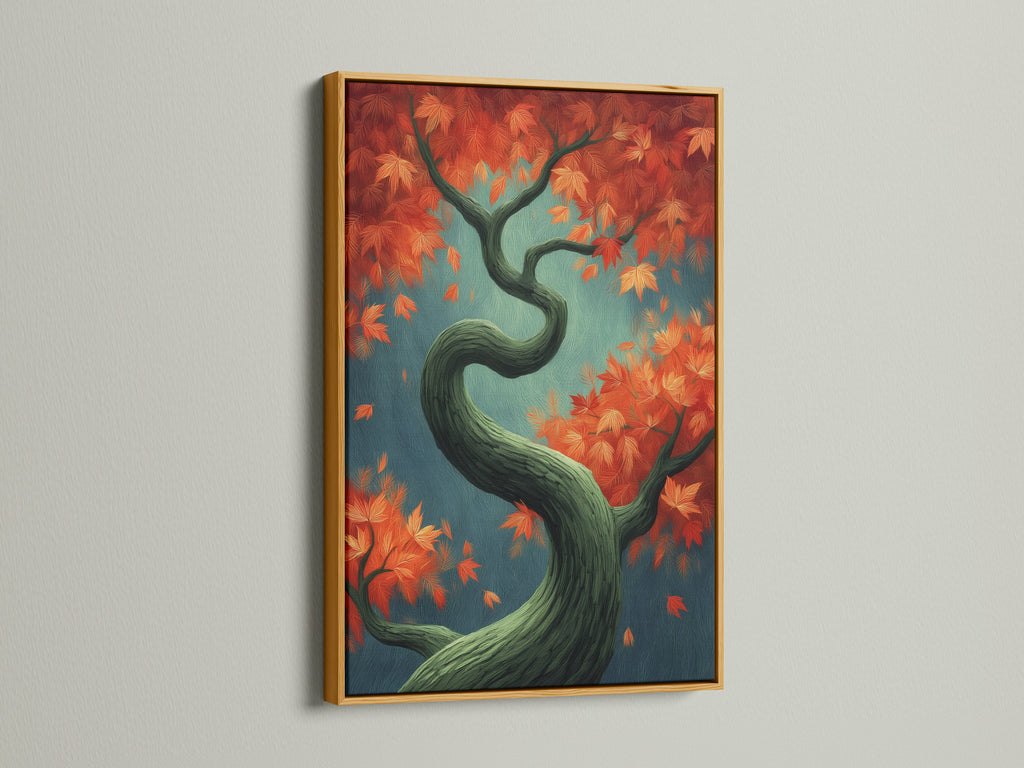 Artwork of a Japanese style Autumn Tree Canvas Print with fall foliage. The art has teal and orange colors. It is in a gold frame. The botanical print is perfect as office wall art. It adds a touch of elegance to any room with this fall tree artwork.