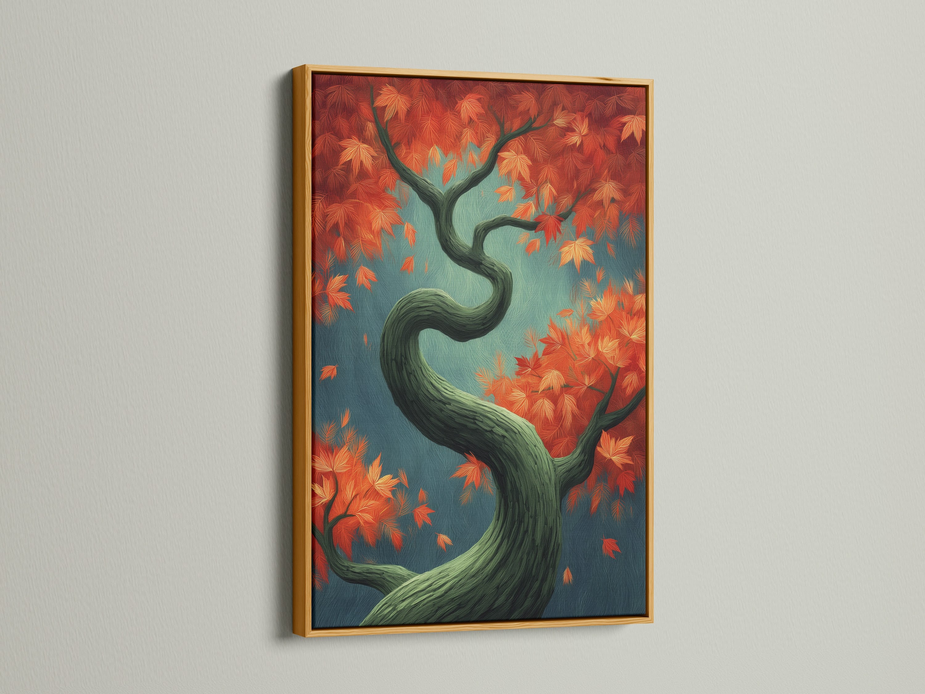 Artwork of a Japanese style Autumn Tree Canvas Print with fall foliage. The art has teal and orange colors. It is in a gold frame. The botanical print is perfect as office wall art. It adds a touch of elegance to any room with this fall tree artwork.