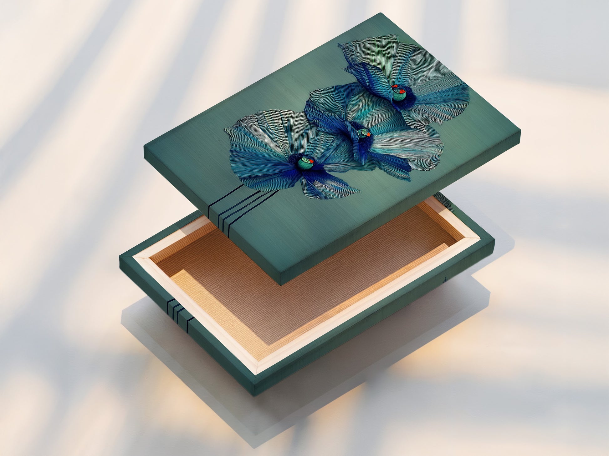 This stretched canvas print showcases a vibrant blue floral artwork. The modern botanical wall art is ready to hang. Transform your space with this eye-catching teal flower piece. Perfect for adding a touch of nature to your home decor collection