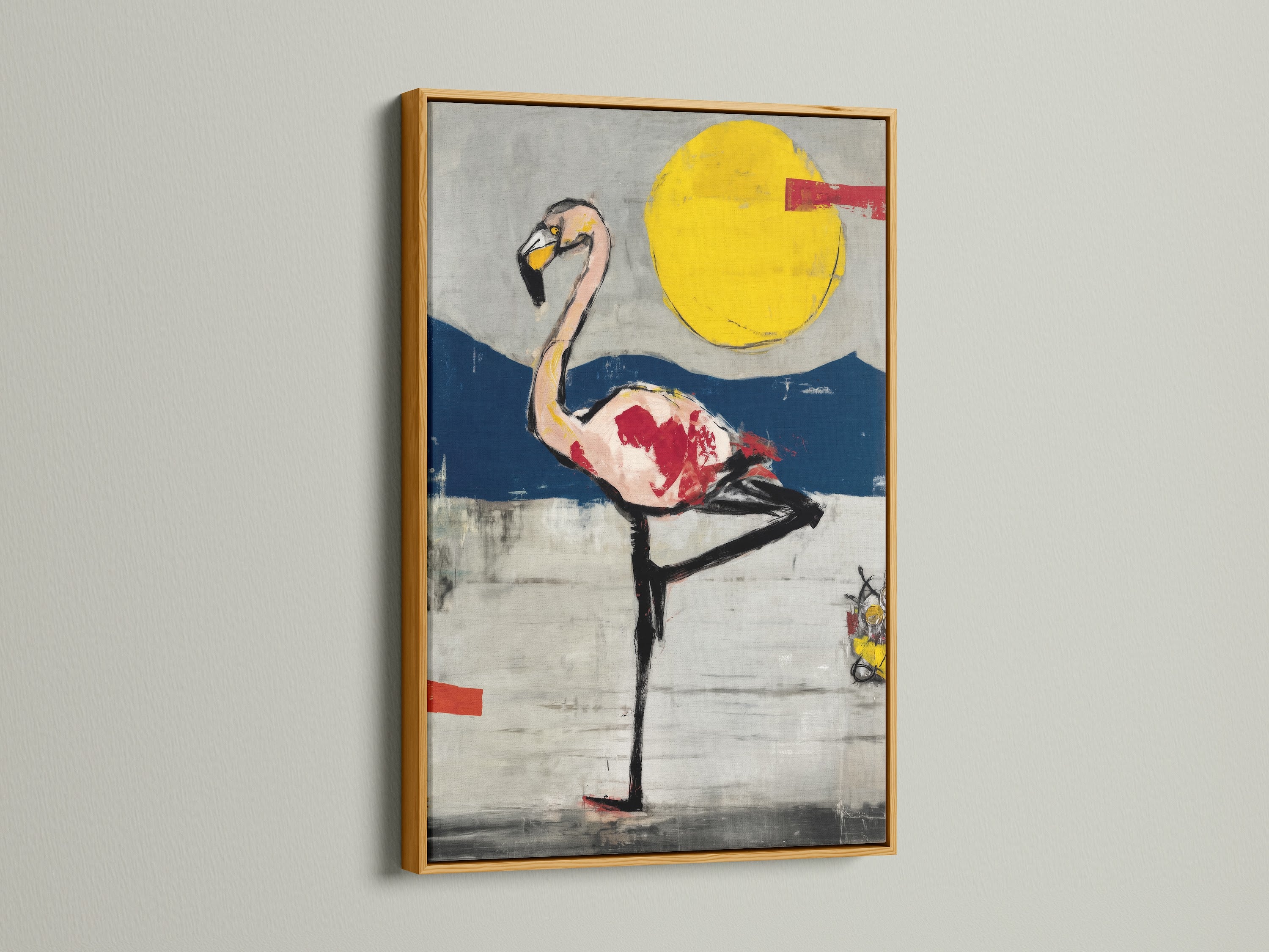 A gold frame enriches this flamingo abstract art print. The metallic finish adds a touch of elegance. This contemporary bird art is perfect for a luxurious look. Discover how this print elevates your home decor.