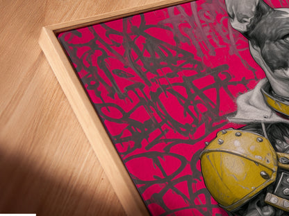 Close up of a canvas print in a floating frame. The Cyberpunk Dog art is a futuristic French Bulldog. This neon pink street art adds a modern touch. A perfect piece for gaming room decor. It's an ideal gift for streetwear aficionados.
