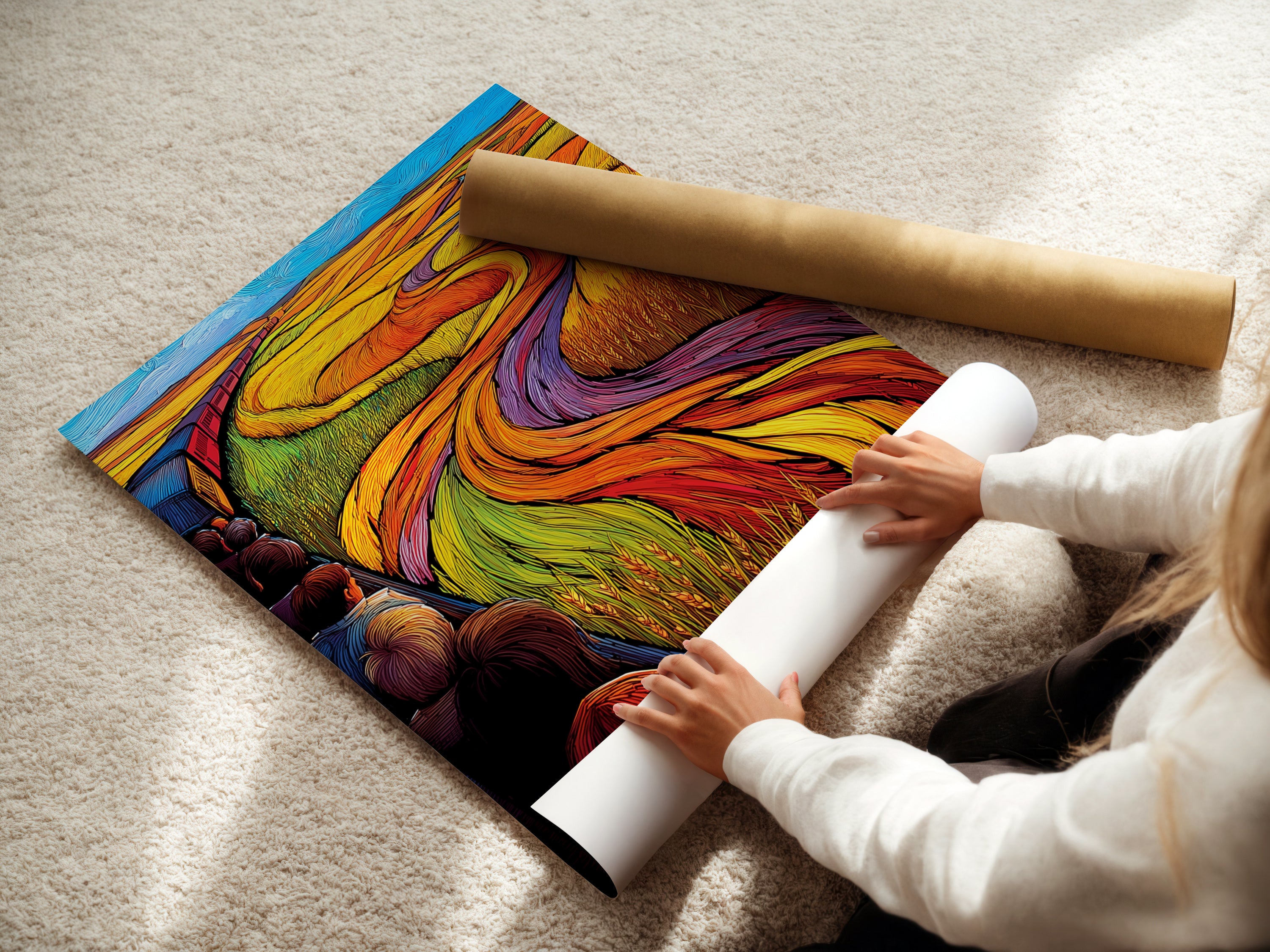 A woman rolling a fine art poster paper featuring the 'Train Journey' artwork. High-quality fine art poster paper ensures vibrant colors and sharp details. This modern artwork is perfect for adding a touch of elegance to any space. The colorful landscape and train theme bring a unique aesthetic. Enhance your decor with this journey print.