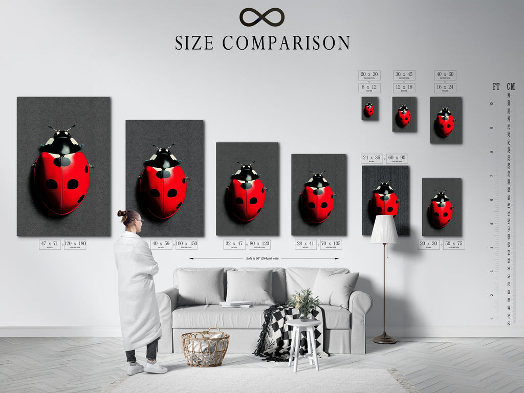 A size comparison chart in an interior setting displays the ladybug artwork. Visualize the perfect fit for your space with this chart. The red and black insect canvas comes in various sizes. Find the ideal beetle print for your nursery wall art or playroom decor.