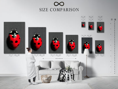 A size comparison chart shows the ladybug art in an interior setting. Visualize how the beetle print fits in your space. Available as a canvas print fine art poster or floating frame. Perfect for kids rooms and dorm decor.