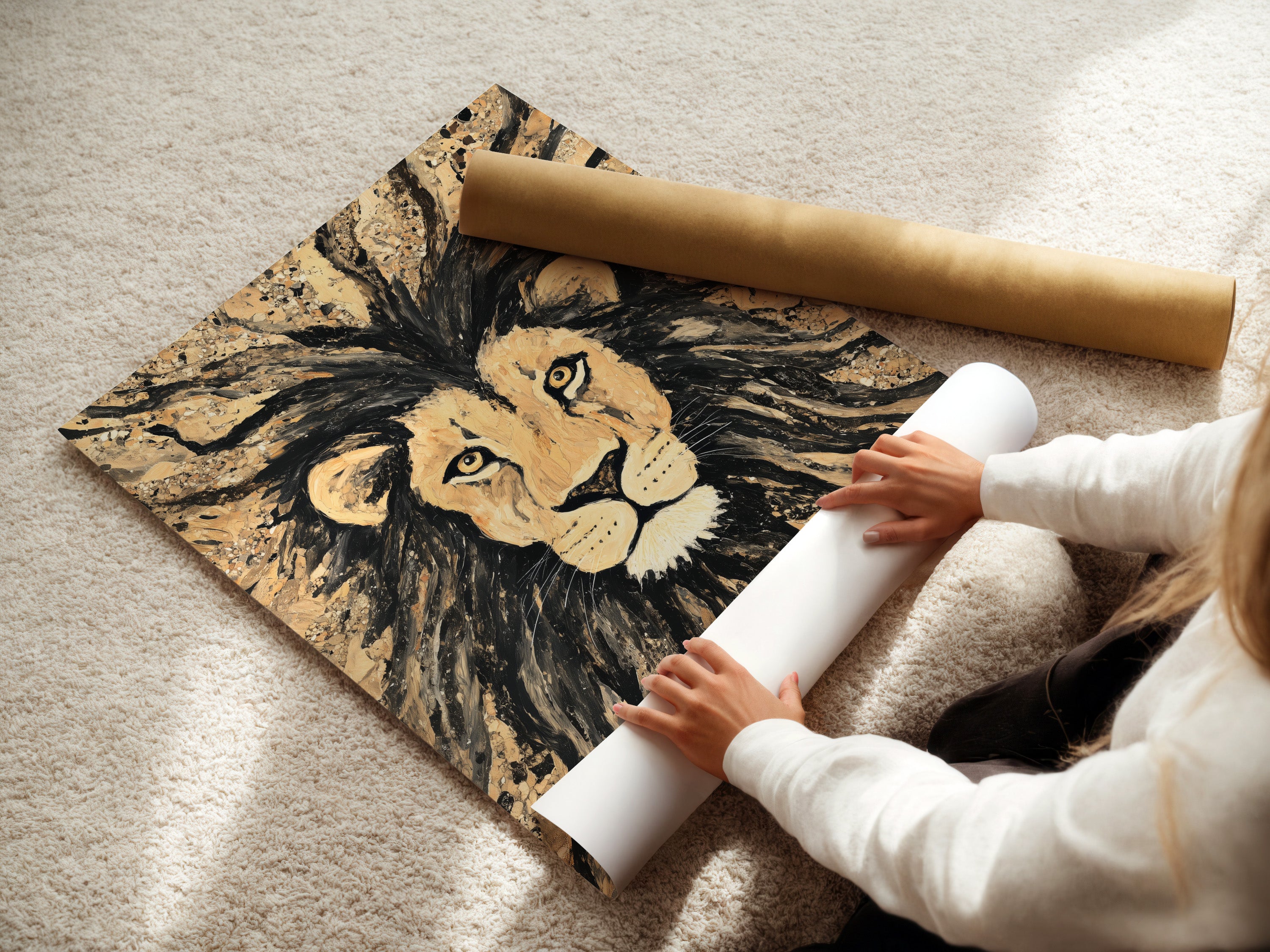 A woman is carefully rolling a fine art poster paper. Preparing it for framing or display. The delicate paper requires gentle handling. Ensuring the artwork remains pristine. Perfect for preserving your favorite prints. Get your fine art prints ready.