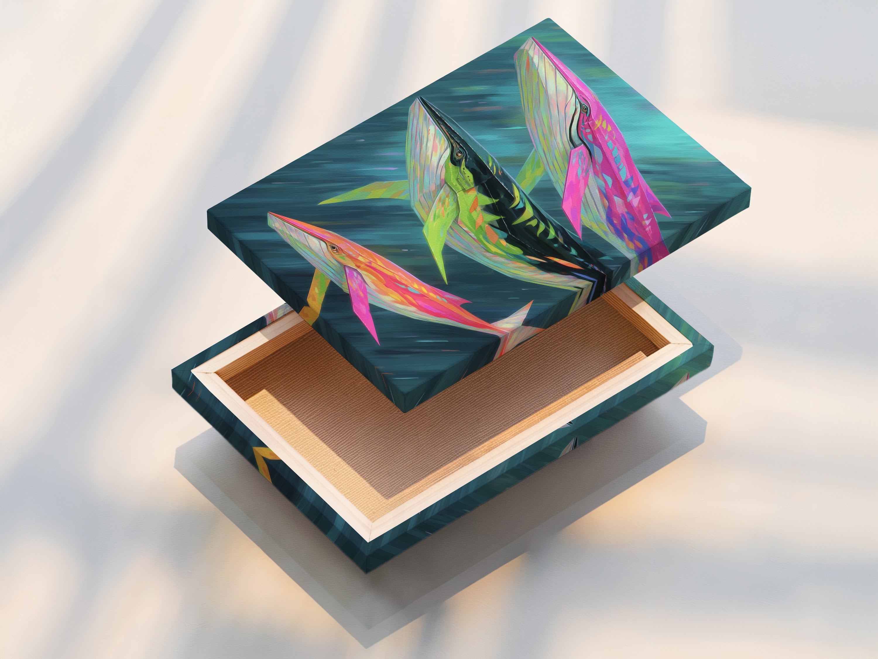 See a stretched canvas print of whale artwork. The vibrant colors and details are beautifully showcased. Perfect for creating a focal point in any room. It will elevate your space.