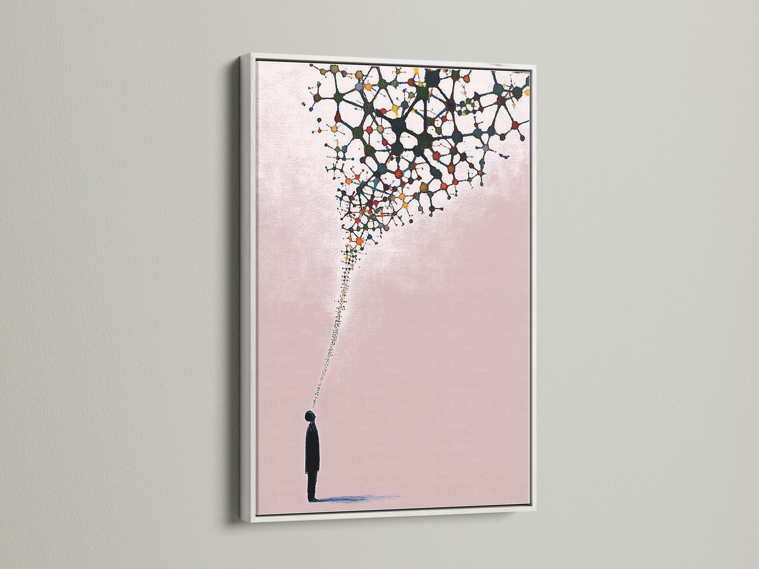 This minimalist print is framed in white. The pink wall decor enhances the abstract artwork. A perfect piece of modern canvas art for any room. It adds a touch of contemporary style. A beautiful abstract artwork.