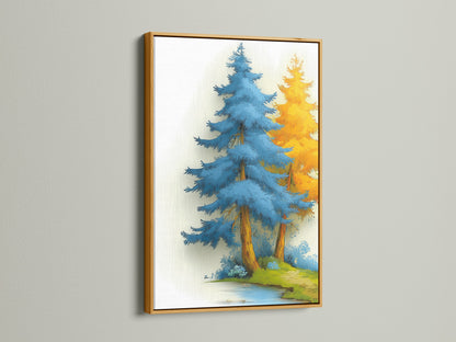 The Blue Forest canvas print shines in a gold frame. This gold tree art adds a luxurious touch to your decor. The modern artwork is enhanced by the gold frame. This nature canvas is perfect for creating a statement. The blue tree decor complements rustic styles. Elevate your bedroom art with this exquisite piece. This gold decor is refined.