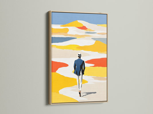 Abstract figure art print in an oak frame. This modern wall art showcases a stylish figure set against a colorful contemporary scene. Ideal for adding a touch of sophistication to any room. The oak frame enhances its minimalist print aesthetic.