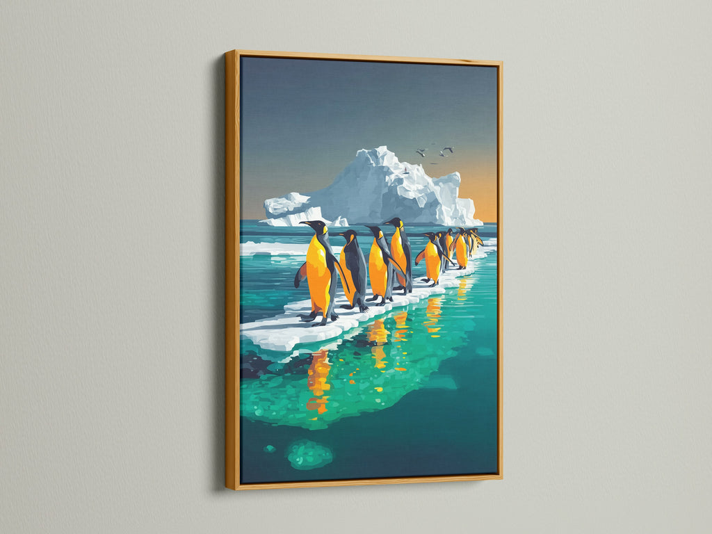 Penguin decor is showcased in a gold frame. This antarctic ocean poster brings wildlife art prints to your home. Perfect for art collectors or as kids room art. The primary color is yellow and the secondary color is blue