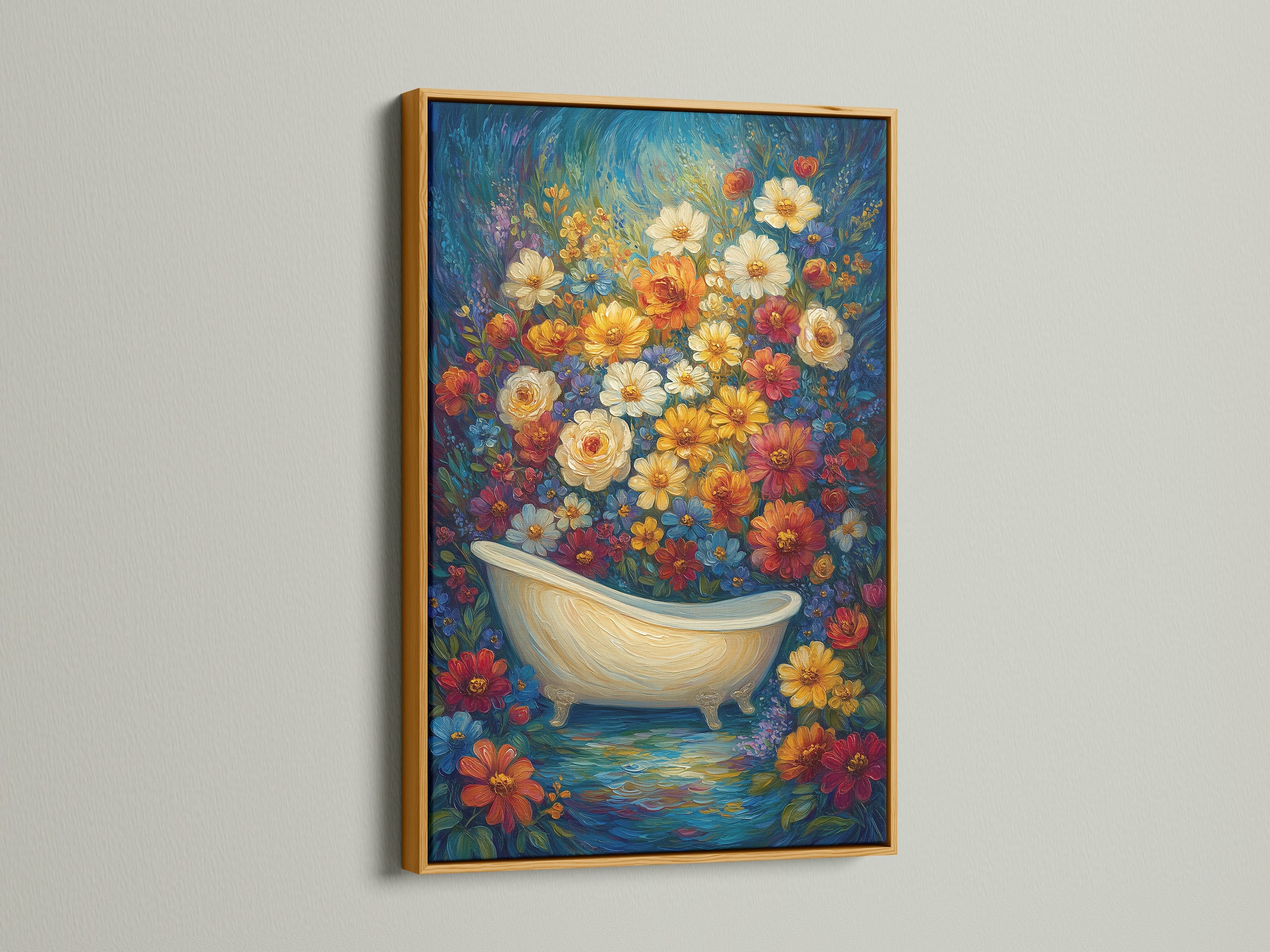 A luxurious floral bathtub artwork is presented in a gold frame. This botanical canvas print features a vintage clawfoot tub. It adds a touch of opulence and elegance to your bathroom. Perfect for spa bathroom decor. It brings a bohemian and eclectic style. The primary color is blue. The secondary color is yellow. Elevate your space with this artwork.