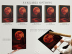 Available options are displayed: stretched canvas print fine art poster paper and floating frame. Choose the perfect format for your red moon landscape artwork. Customize your celestial art to fit your style. Purchase now!