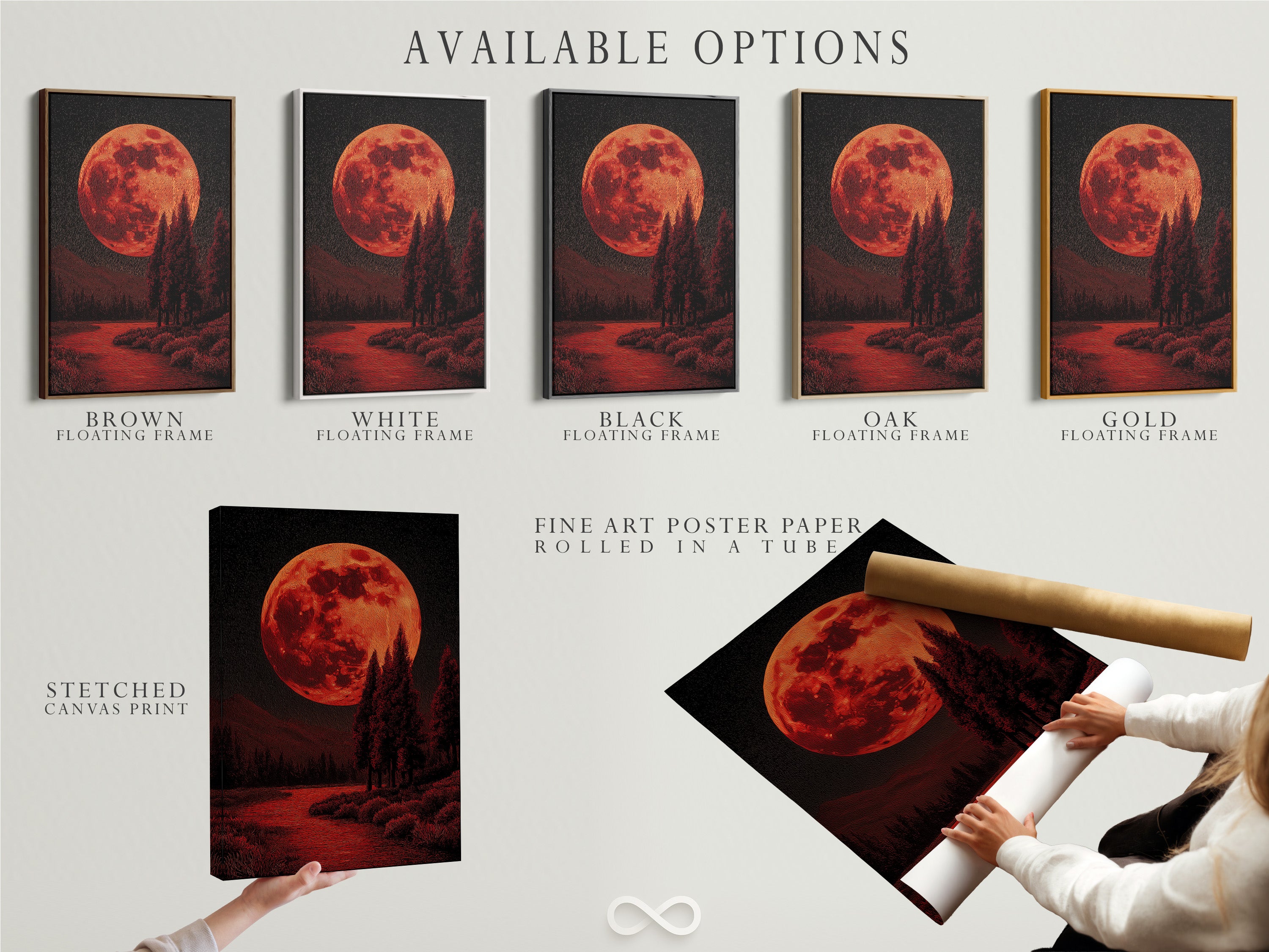 Available options are displayed: stretched canvas print fine art poster paper and floating frame. Choose the perfect format for your red moon landscape artwork. Customize your celestial art to fit your style. Purchase now!