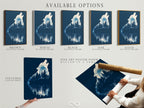 Available options are displayed. Options include a stretched canvas print fine art poster paper and floating frame. Choose the perfect format for your wolf artwork. Navy blue nature artwork for bedroom decor.