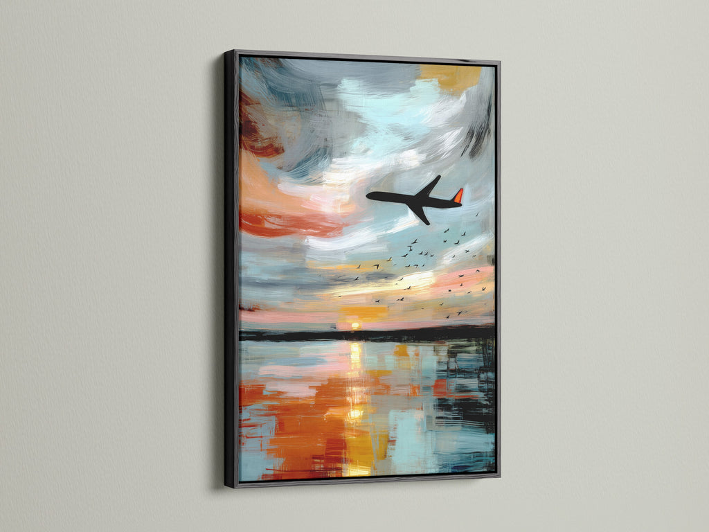 Modern airplane artwork in a black frame. This aviation print features a sunset reflection. The black frame adds a bold touch to the abstract wall art. Enhance your space with this travel artwork. Perfect for your living room wall art.