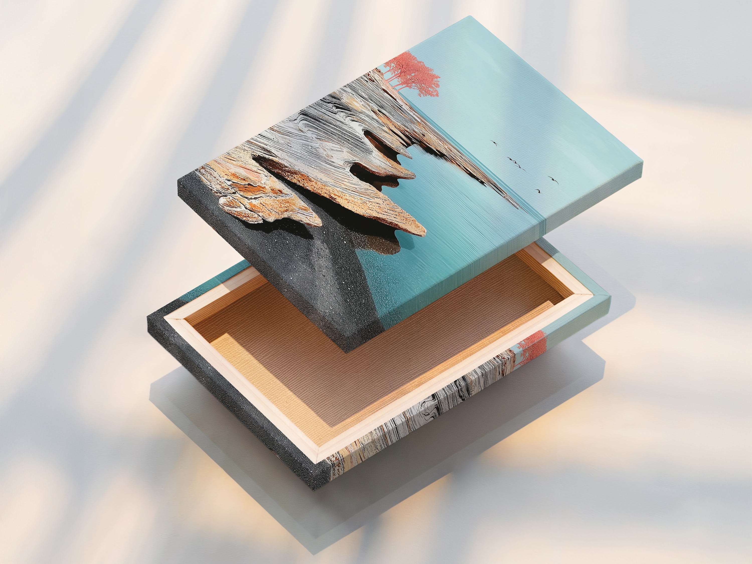 A stretched canvas print is displayed. The artwork features a beautiful coastal seascape. This modern minimalist piece is ready to hang. It enhances any room with a serene and calming presence. Perfect for creating a tranquil environment in your home or business.