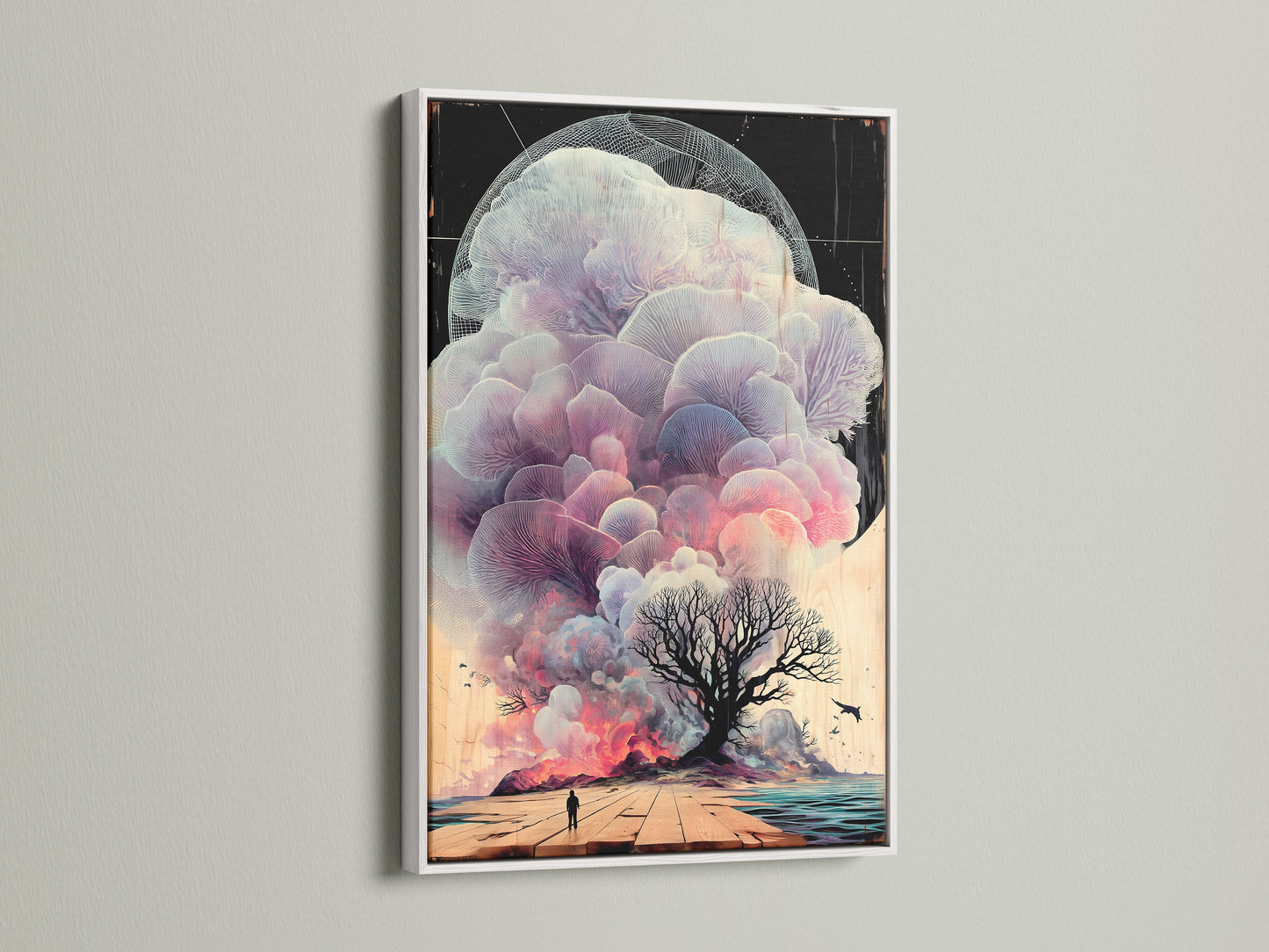 This image showcases a dreamy fantasy wall art piece in a white frame. The surreal landscape features an ethereal tree and a solitary figure. The contrast of the white frame accentuates the tranquil scene. This calming artwork is perfect for meditation spaces and modern home decor. It brings a zen touch to any room.