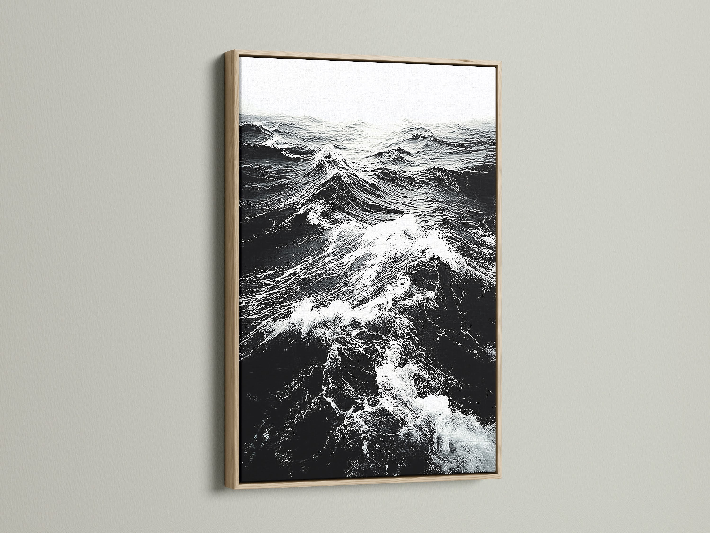 This is an oak frame displaying black and white ocean wave artwork. The natural wood grain adds warmth to monochrome art. Perfect nautical decor for a modern home. Discover seascape canvas prints now.