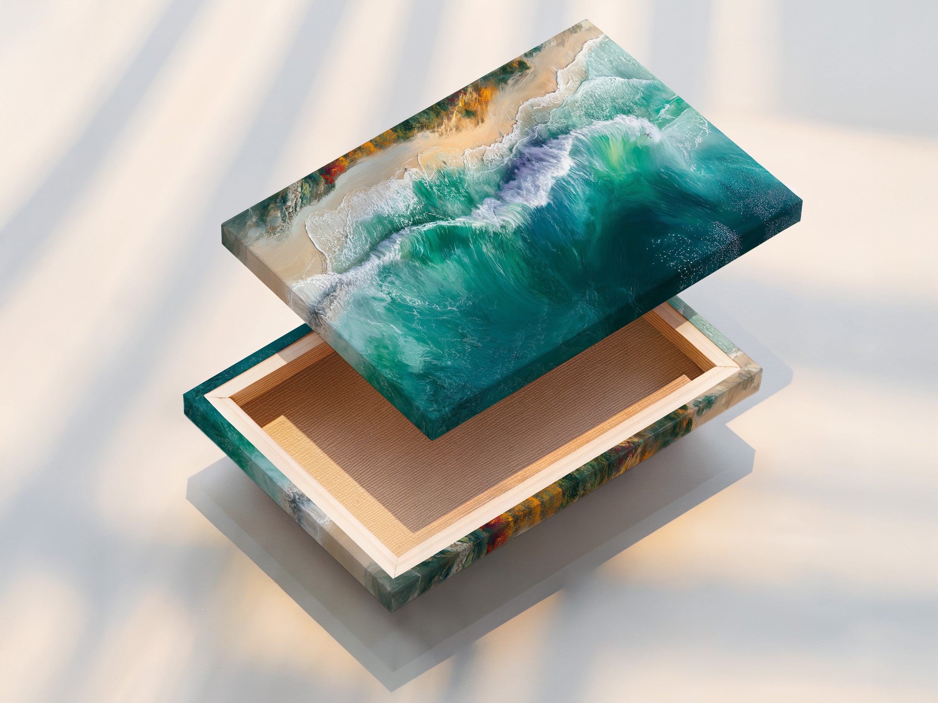 The stretched canvas print displays vibrant ocean wave artwork. The turquoise and teal colors create a calming coastal vibe. It’s ready to hang adding instant style. A great choice for beach house decor.