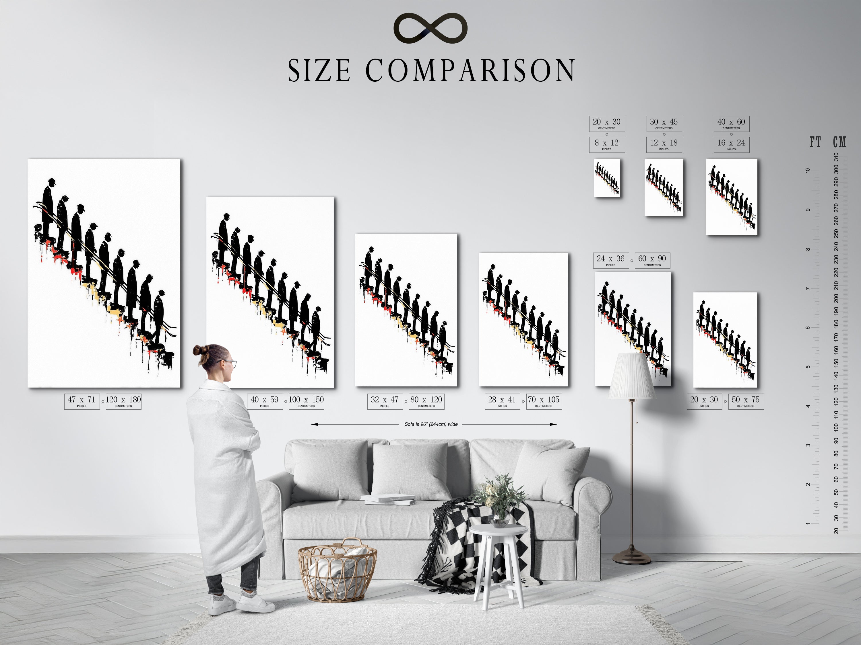 A size comparison chart displayed in an interior setting. The chart helps visualize the artwork's dimensions. It is useful for planning your office or home decor. See how the descending figures art print fits in various spaces. Choose the perfect size for your conceptual wall decor.