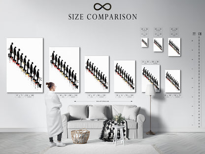 A size comparison chart displayed in an interior setting. The chart helps visualize the artwork's dimensions. It is useful for planning your office or home decor. See how the descending figures art print fits in various spaces. Choose the perfect size for your conceptual wall decor.