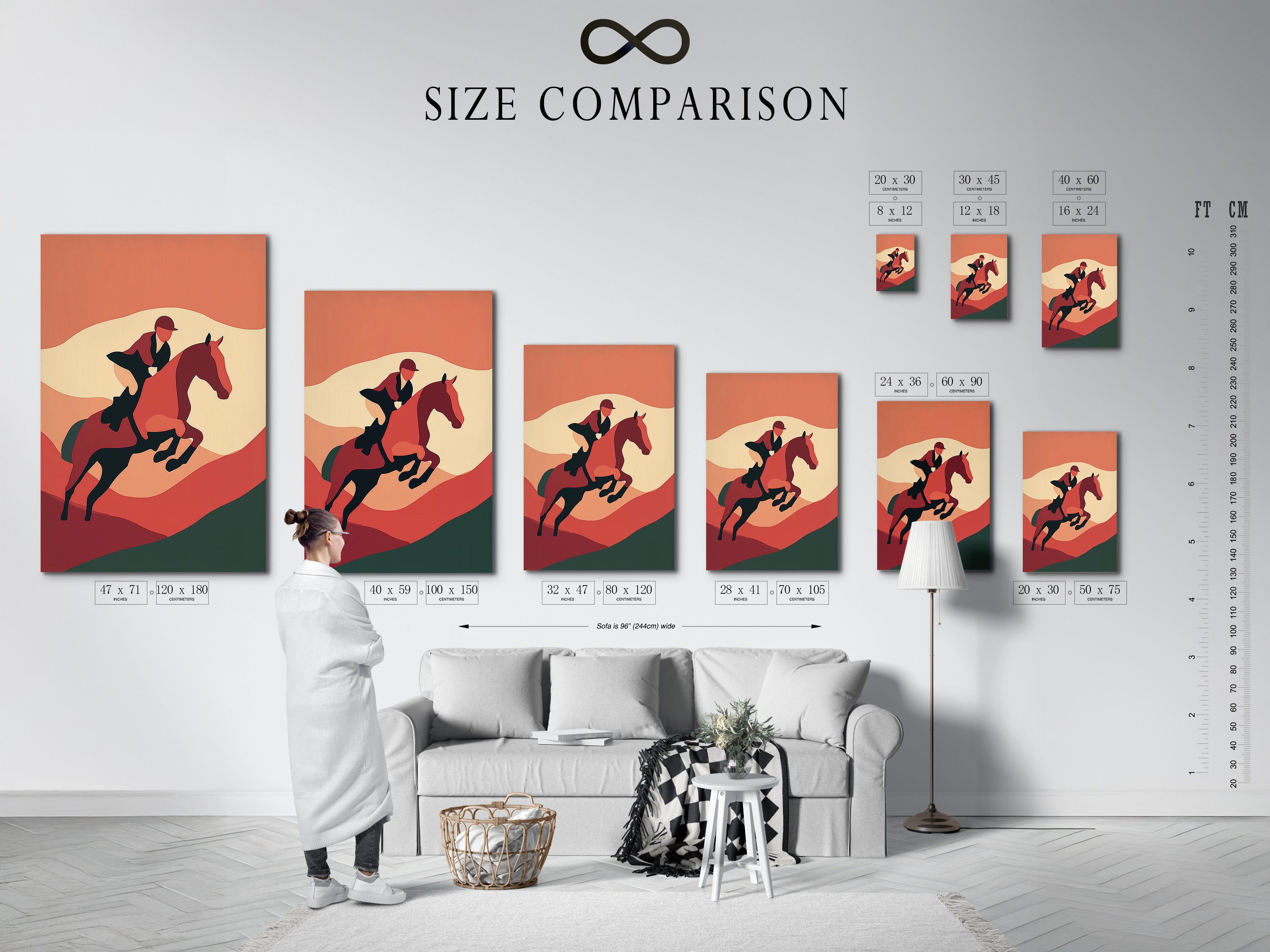 A size comparison chart displayed in an interior setting. This chart helps visualize the scale of the equestrian art prints. Choose the perfect size for your horse canvas print. The vintage terracotta western decor will fit any space. This horse artwork is ideal for study rooms.
