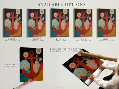 Available options for the Nautical Anchor Artwork. Choose from a stretched canvas print fine art poster paper or a floating frame. Customize the artwork to match your style. Perfect for homeowners renters and interior decorators. Elevate your space.