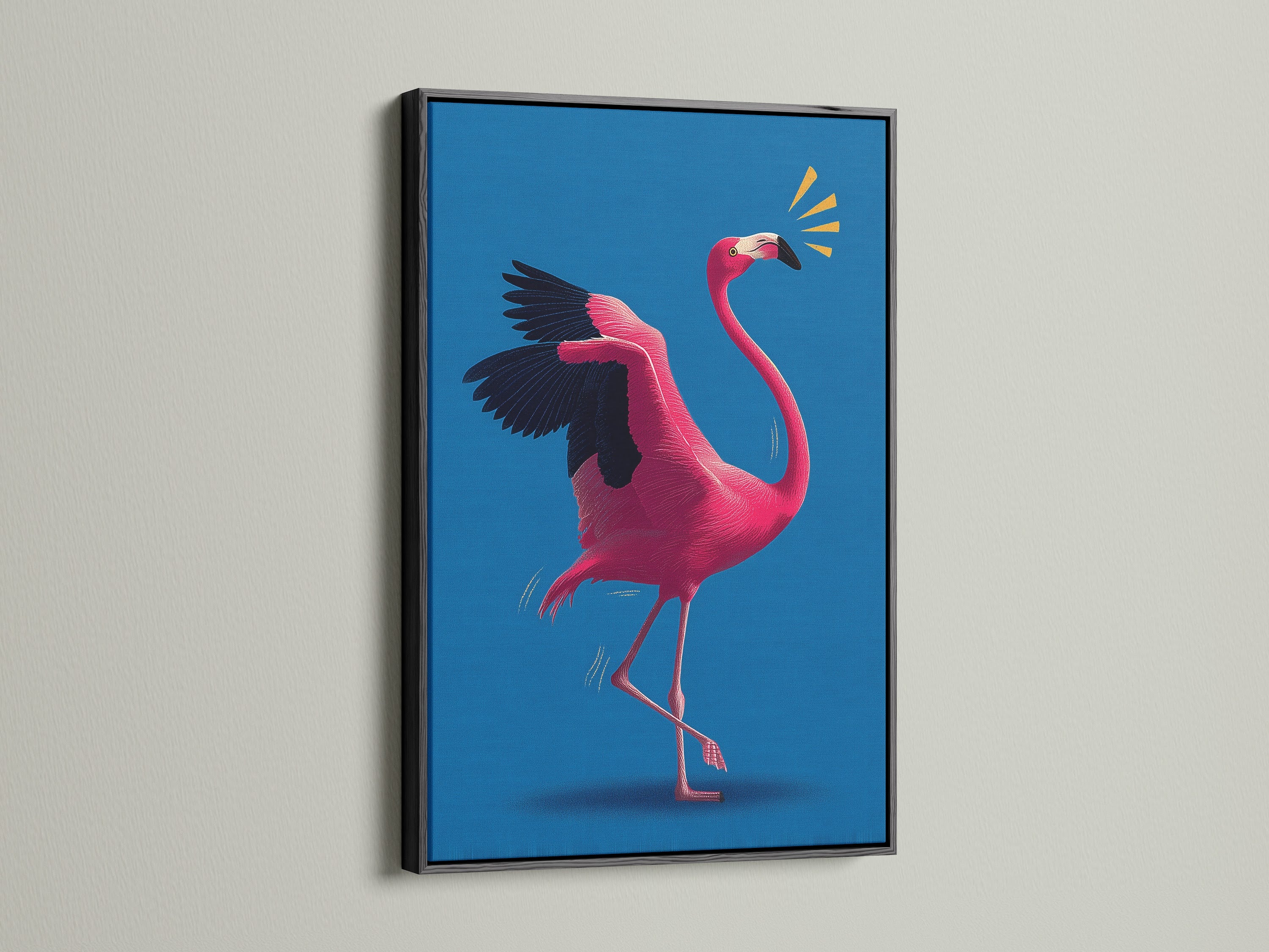 The flamingo artwork is elegantly framed in black. The black frame adds a touch of sophistication. It makes the artwork pop. This piece is perfect for creating a focal point in any room. It's ideal for those who love classic art. This frame enhances the artwork's vibrant colors.
