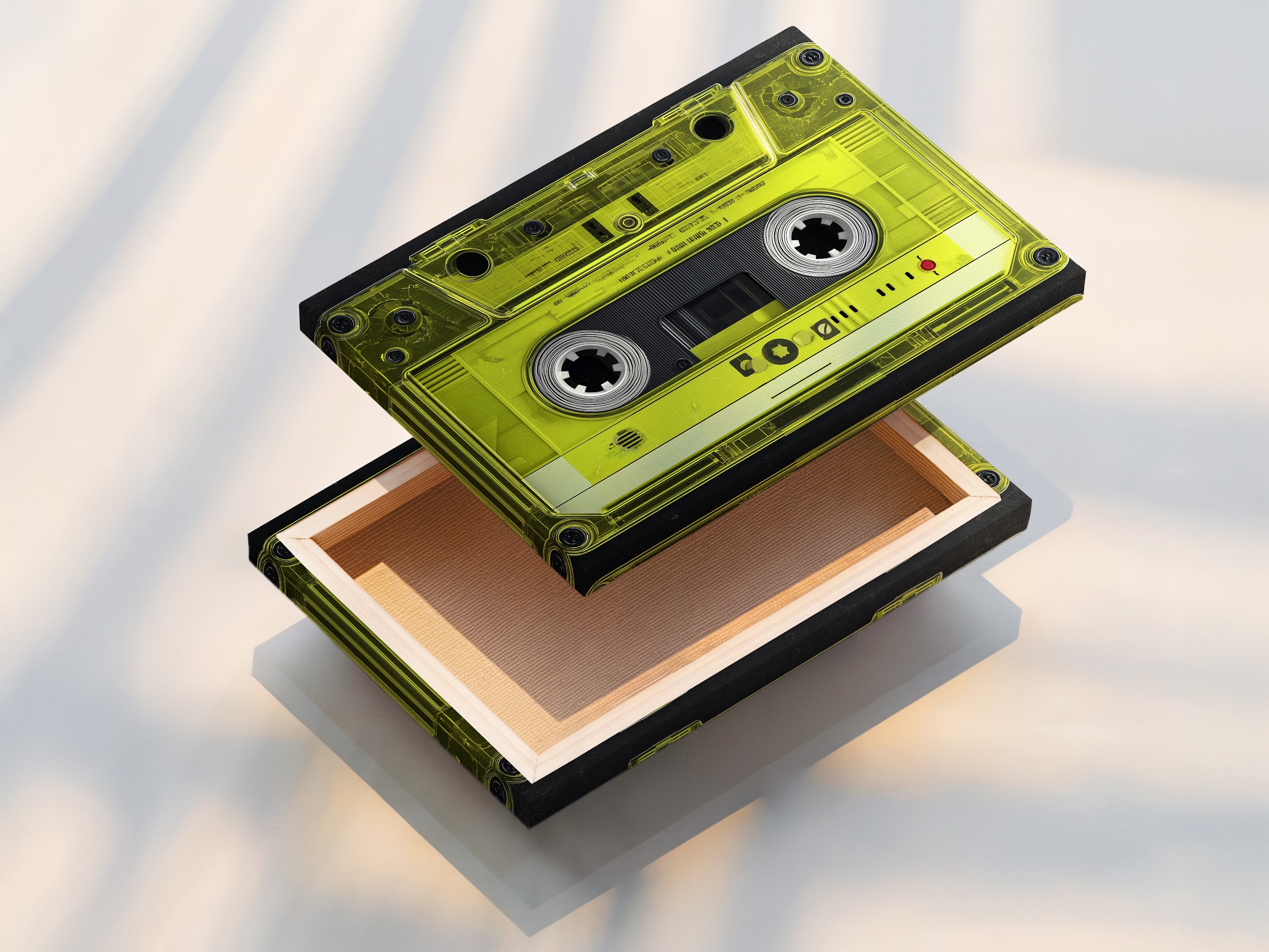 A stretched canvas print of Vintage Cassette Tape artwork is displayed. The retro music art is ready to hang. Neon green art is eye-catching. This retro canvas art is perfect for music room decor. Show off your 80s nostalgia.