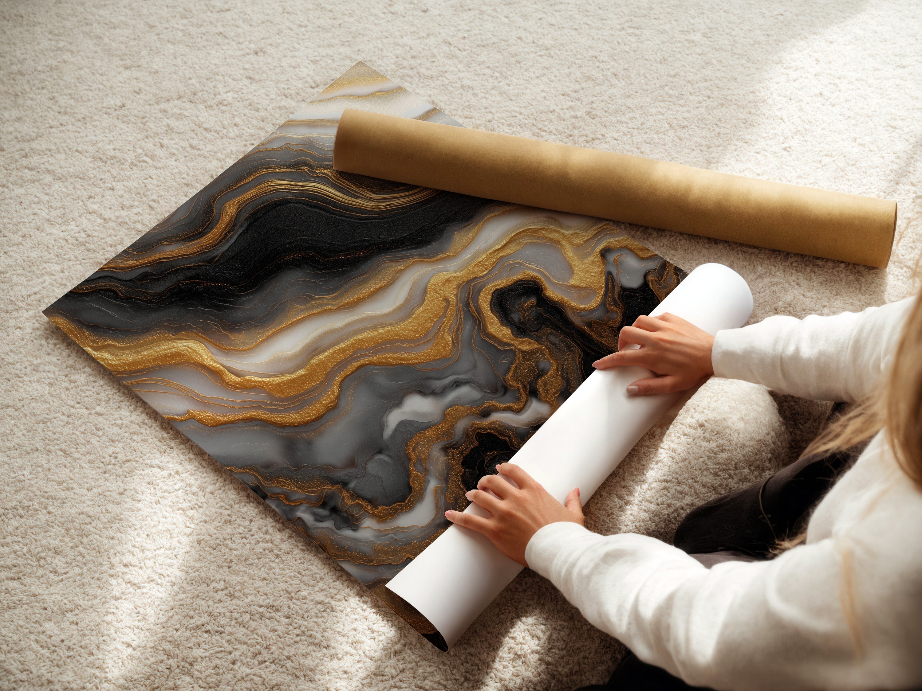 A woman is carefully rolling a fine art poster paper. High quality materials are used. Ensuring safe delivery. Our fine art posters are printed on premium paper. This will bring your artwork to life. Order yours today.