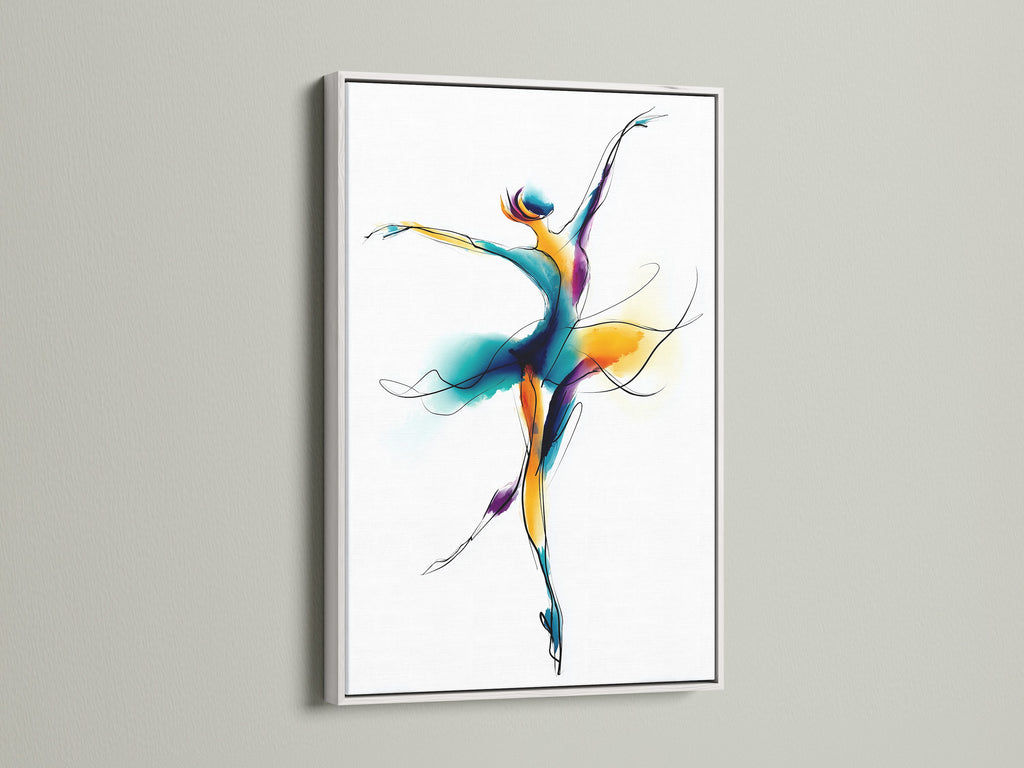 Framed ballet dancer artwork with a white frame.  This wall art features a watercolor dance illustration. Perfect contemporary movement artwork for a dance studio. The primary color is blue. The secondary color is gold.  It will look great in a studio or office.