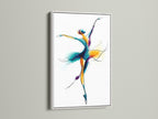 Framed ballet dancer artwork with a white frame.  This wall art features a watercolor dance illustration. Perfect contemporary movement artwork for a dance studio. The primary color is blue. The secondary color is gold.  It will look great in a studio or office.