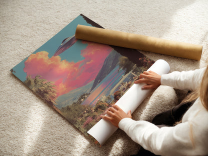 A woman is carefully rolling a fine art poster paper. This ensures it is ready for framing or display. The UFO landscape art print is a perfect choice. It is ideal for adding a touch of surreal sci-fi to any room. The primary color is pink. Secondary color is blue.
