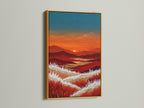 The mountain sunset artwork is elegantly displayed in a gold frame. The gold frame adds a touch of luxury and warmth to the piece. The artwork features warm orange and teal colors. It creates a cozy and inviting atmosphere. This is ideal for a bedroom or living room. It is a thoughtful housewarming present.