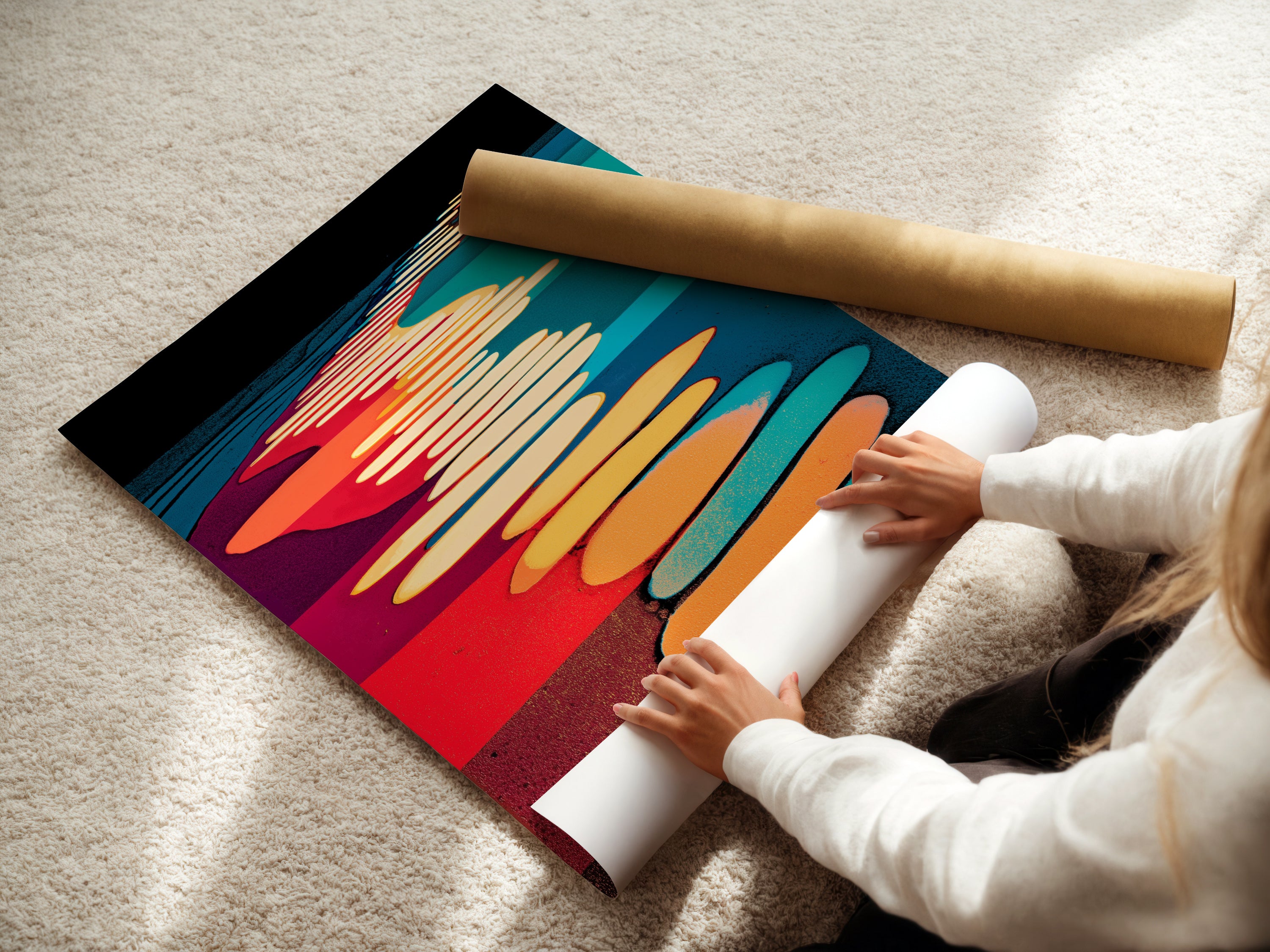 A woman is carefully rolling a fine art poster paper. This abstract pathway artwork will be printed on it. Geometric print and vibrant colors. Perfect as modern art for any space. Enhance your home wall decor with our abstract artwork and geometric prints.