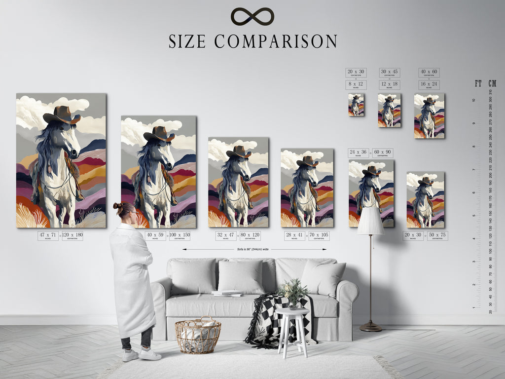 Size comparison chart in an interior setting. Visualize how this cowboy artwork fits into your space. Available in various sizes this western wall art complements any room. Choose the perfect size for your southwestern print today.