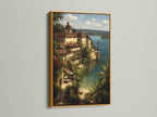 Add a touch of luxury with this gold-framed coastal village artwork. This Mediterranean Sea wall art showcases a vintage Italian Riviera scene. The gold frame enhances the artwork's beauty. Perfect for creating a sophisticated coastal theme.
