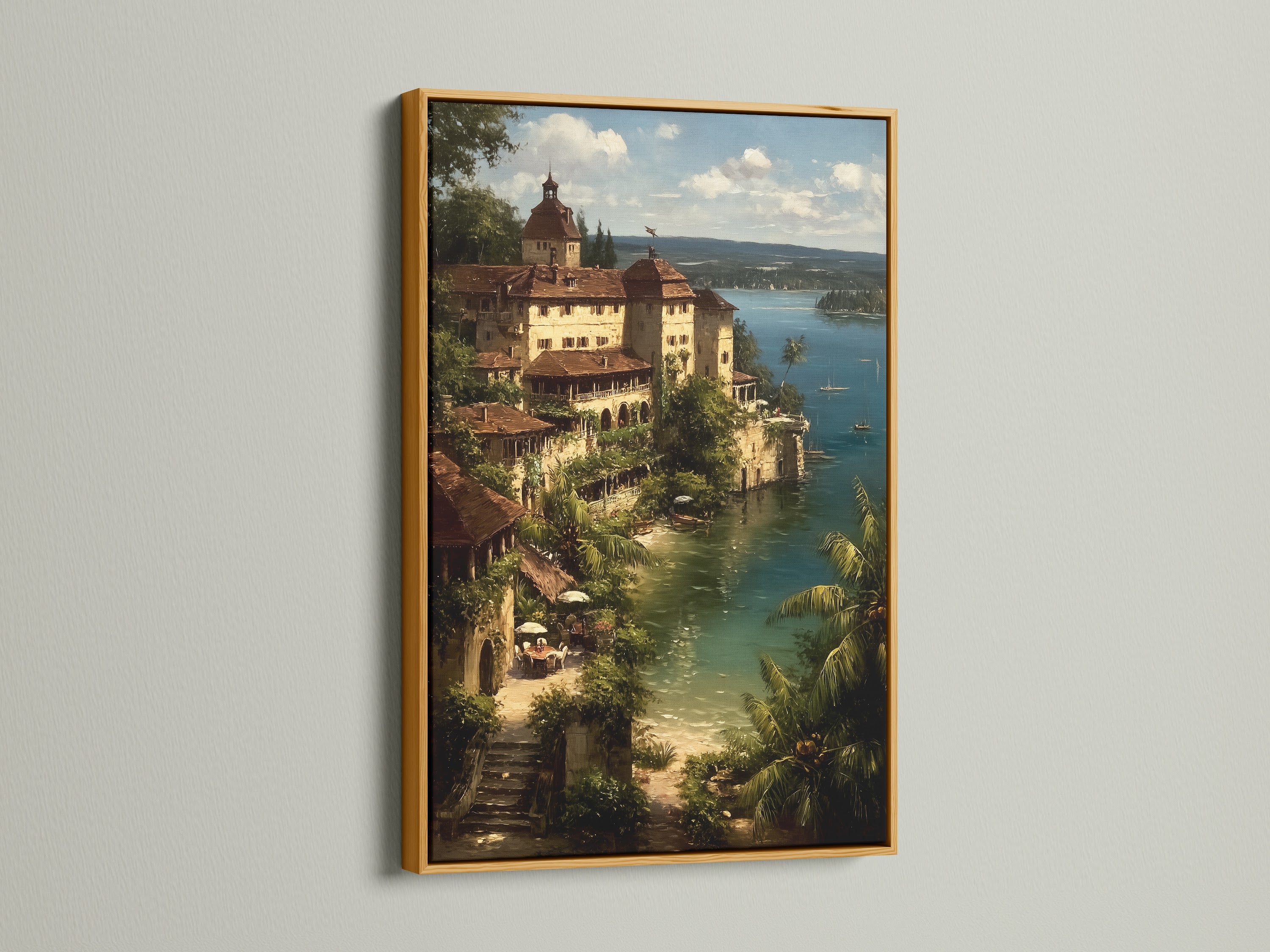 Add a touch of luxury with this gold-framed coastal village artwork. This Mediterranean Sea wall art showcases a vintage Italian Riviera scene. The gold frame enhances the artwork's beauty. Perfect for creating a sophisticated coastal theme.