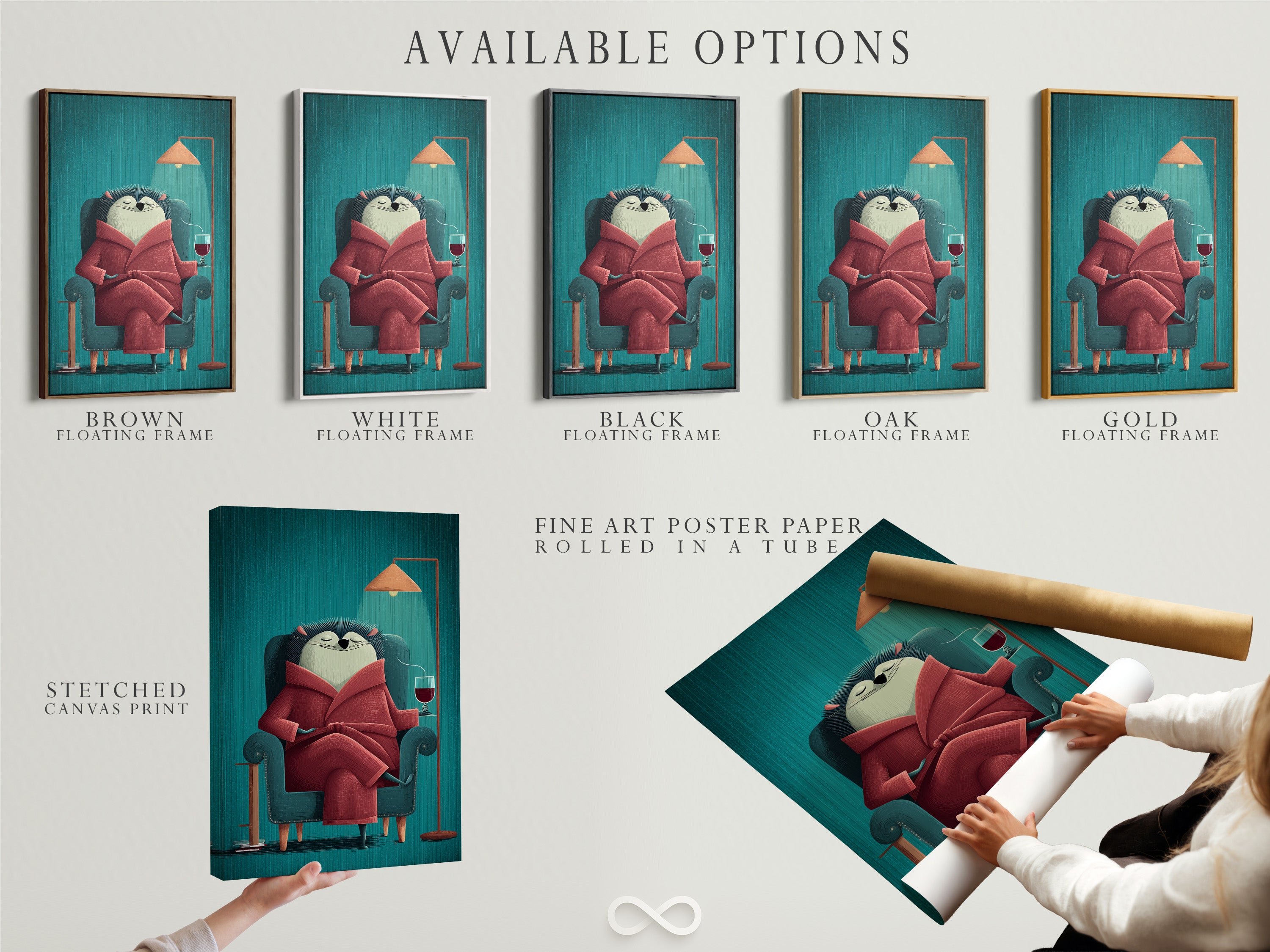 Explore available options for the Reading Hedgehog artwork. Choose from a stretched canvas print fine art poster paper or a floating frame. Find the perfect option to match your style. This book lover decor is great for interior designers. Add a touch of whimsy to your study room.