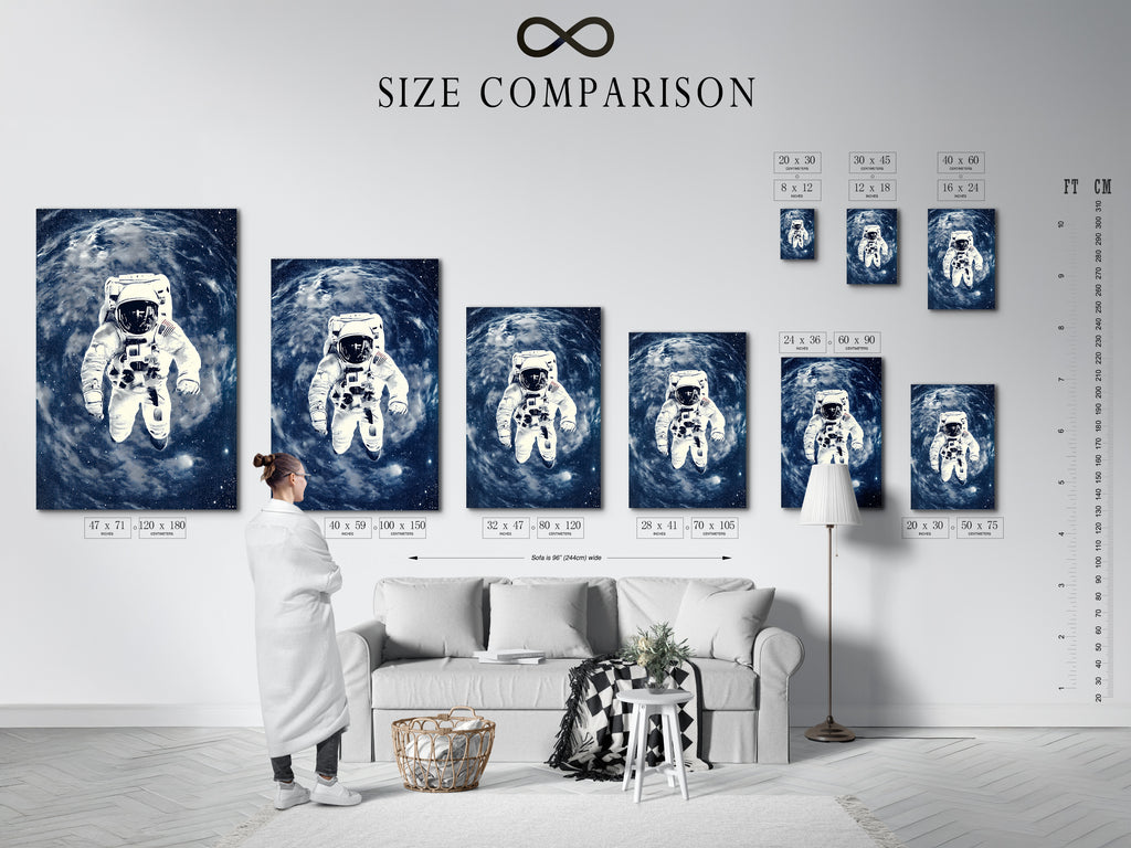 A size comparison chart is displayed in an interior setting. Various sizes of the astronaut space art print are shown. This chart helps visualize the perfect fit for your wall. Choose the ideal blue galaxy wall art for your space.