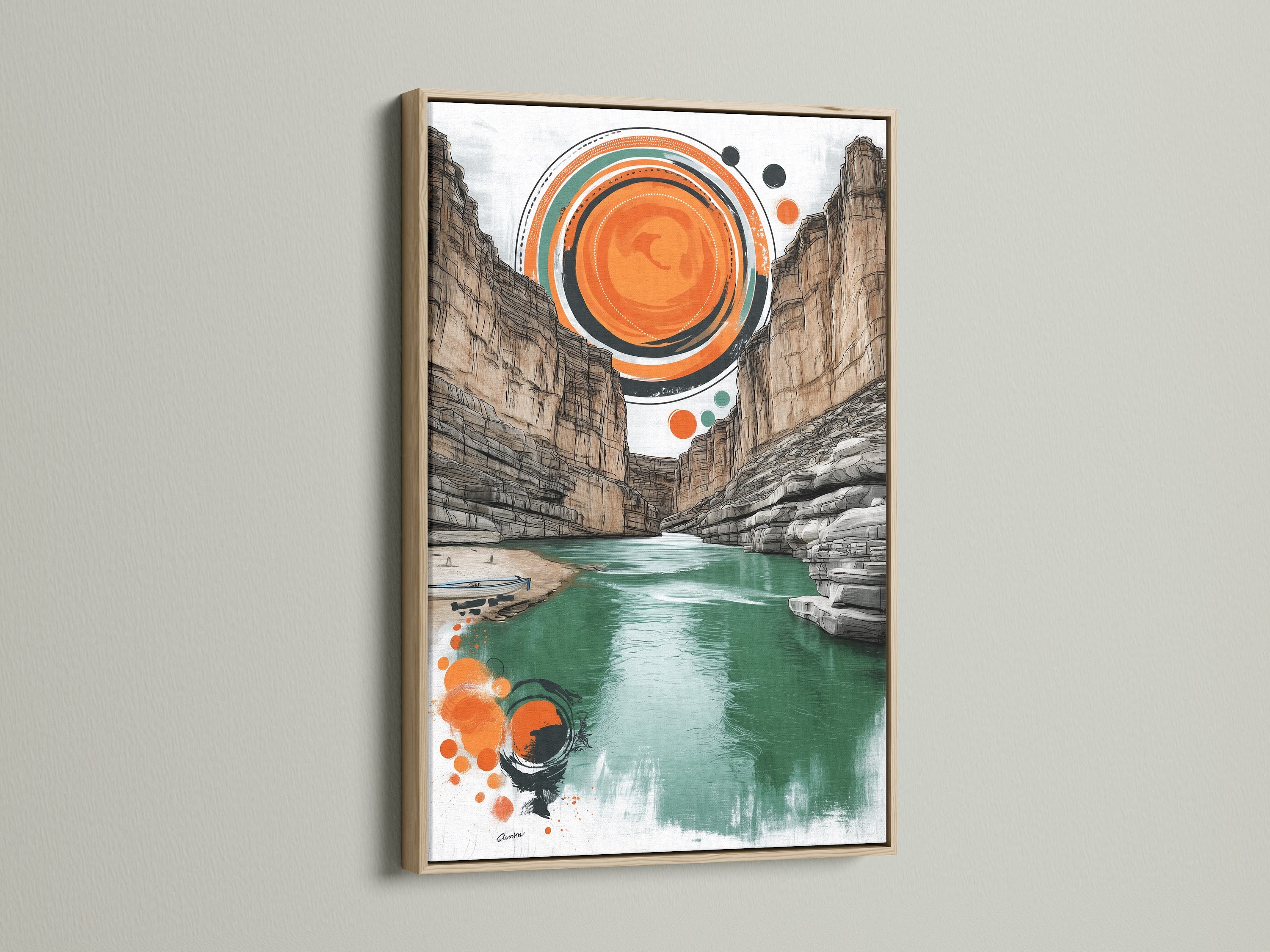 Canyon River Canvas Print in Oak Frame. Earth tone artwork adds a natural touch to any room. Ideal for modern and eclectic interiors. Discover landscape art for your home or office.