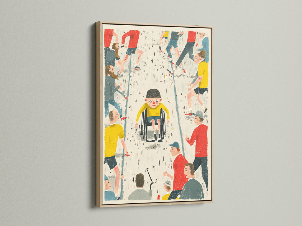 An oak frame elegantly holds a diversity print on a white wall. The artwork showcases a child in a wheelchair among a crowd of diverse figures. This equality artwork promotes inclusivity and unity. It is perfect for adding an inspirational touch to office decor.