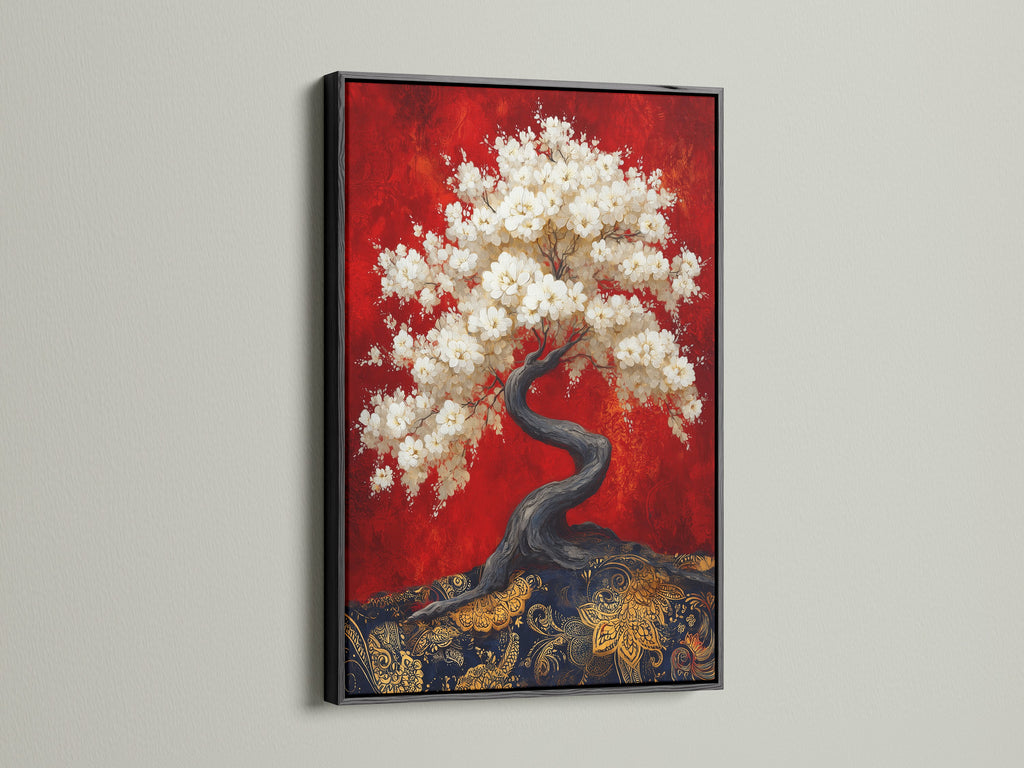 A sophisticated cherry blossom tree artwork is showcased in a black frame. This Japanese bonsai canvas wall art adds a touch of elegance to any room. The red canvas art brings a bold statement to your space. It is perfect for oriental wall art enthusiasts seeking Asian-inspired decor.