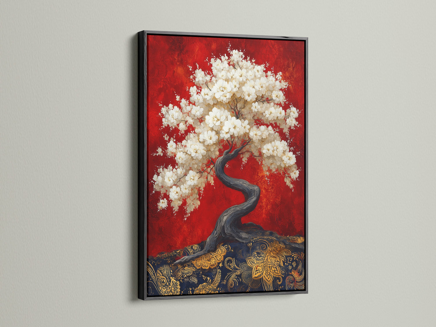 A sophisticated cherry blossom tree artwork is showcased in a black frame. This Japanese bonsai canvas wall art adds a touch of elegance to any room. The red canvas art brings a bold statement to your space. It is perfect for oriental wall art enthusiasts seeking Asian-inspired decor.