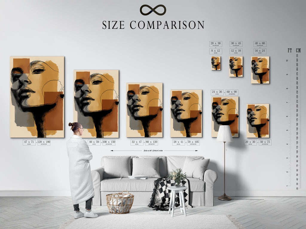 Size comparison chart for abstract portrait artwork in an interior setting. Visualize the perfect fit for your space. Choose from various sizes to suit your decor needs. Transform your walls today.