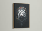Mystical white tiger artwork is showcased in a natural oak frame. The oak frame adds a touch of rustic charm to this tribal wall art. Ideal for bohemian minimalist or eclectic styles. Elevate your home decor with this captivating piece.