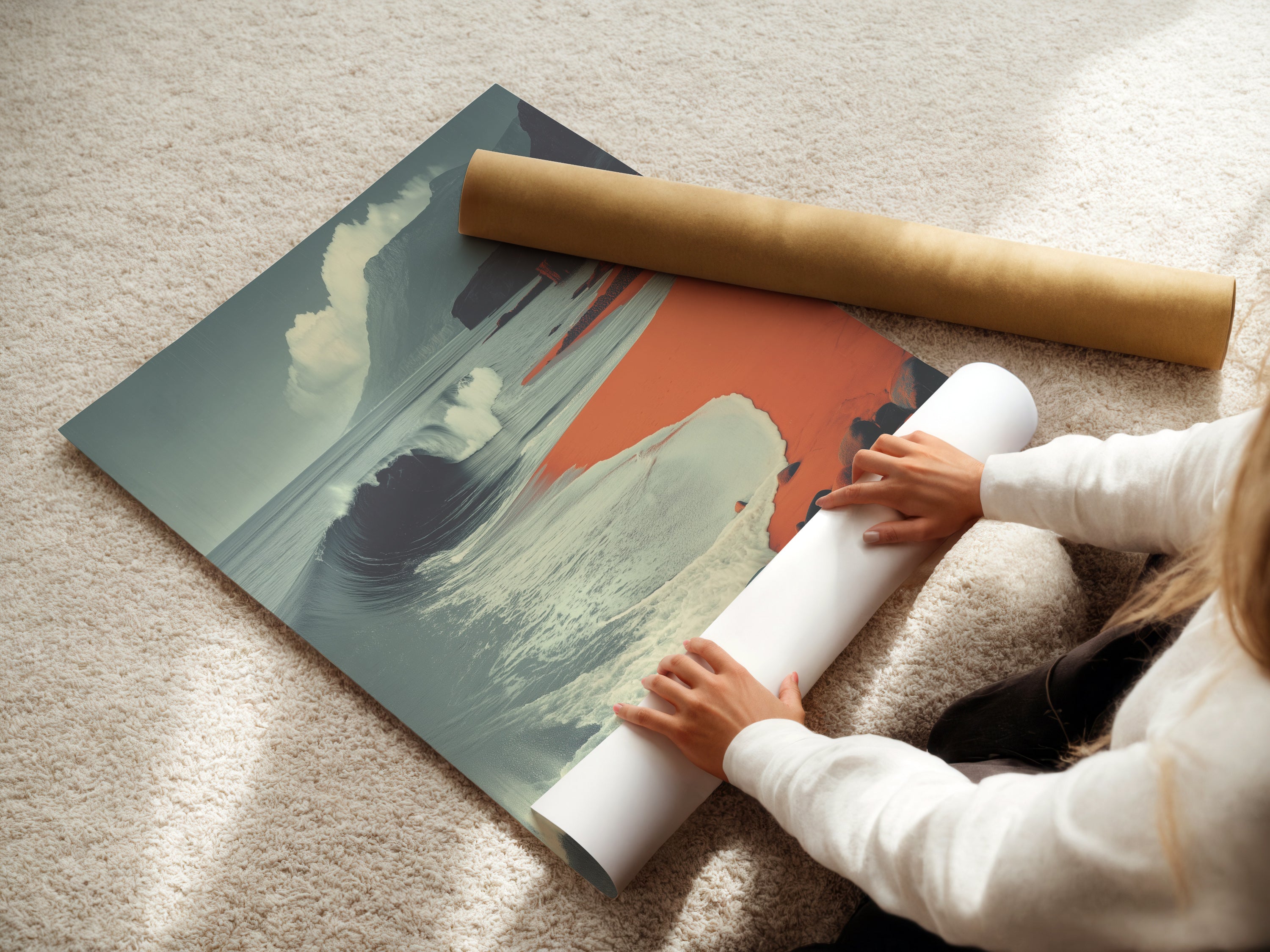 A woman is rolling fine art poster paper. High-quality paper ensures a crisp and lasting print. Ideal for homeowners and interior art lovers. This paper is perfect for creating stunning modern art prints.