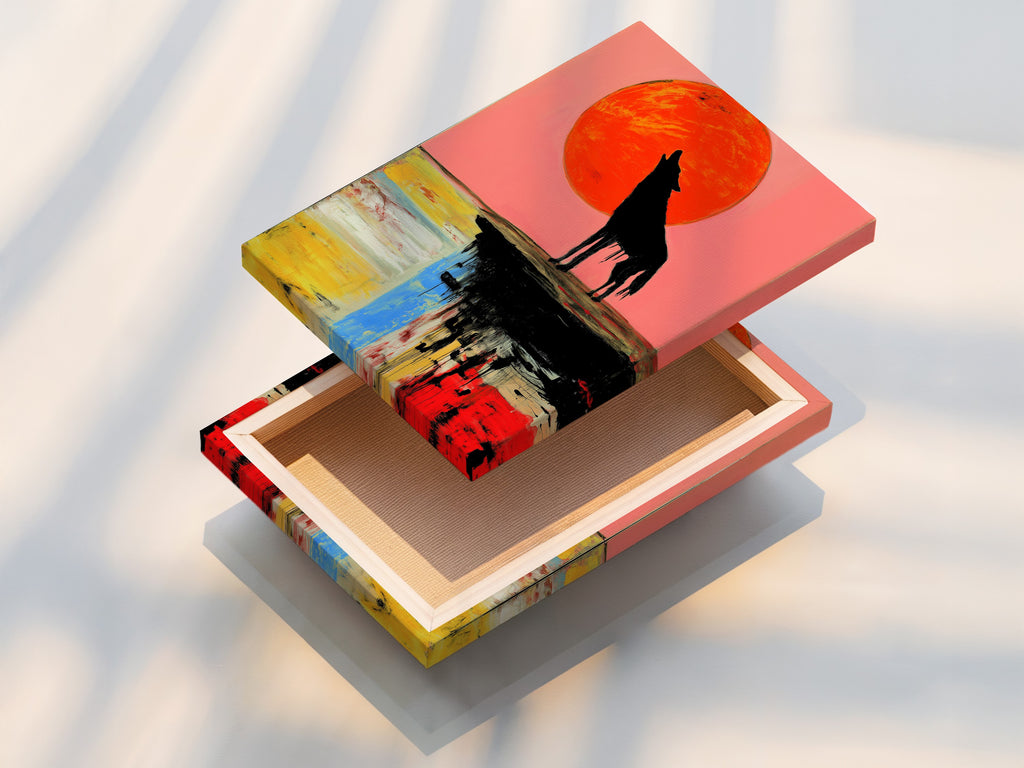 The stretched canvas print of the Wolf Moon art is ready to hang. This abstract wildlife wall art features a colorful sunset. The wolf silhouette art adds a modern touch. This canvas print brings a gallery feel to your living space. Enhance your wall decor with this vibrant animal artwork.